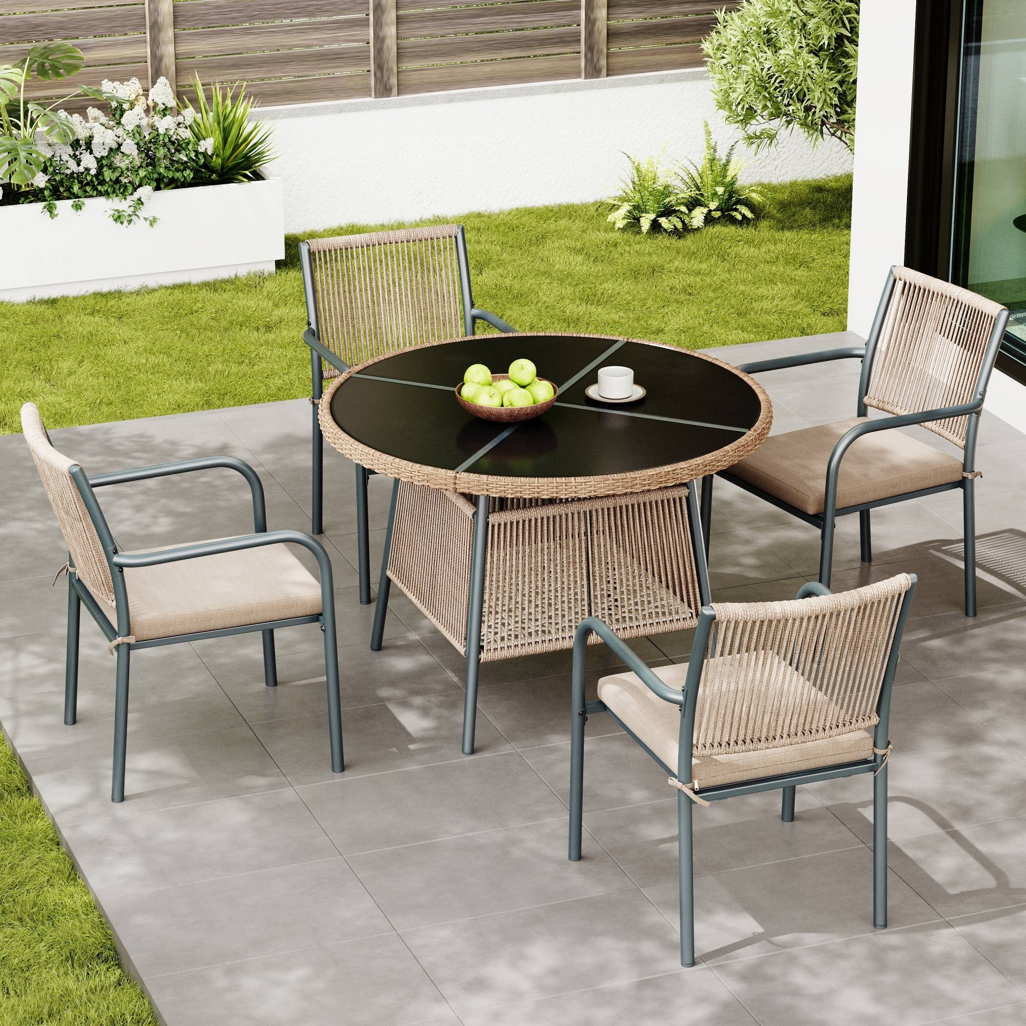 ComfortXL - Salon de jardin 4 places Acier Corde Terrasse Table Ronde Verre Trempé Gris - ComfortXL Outdoor Living - Image 1