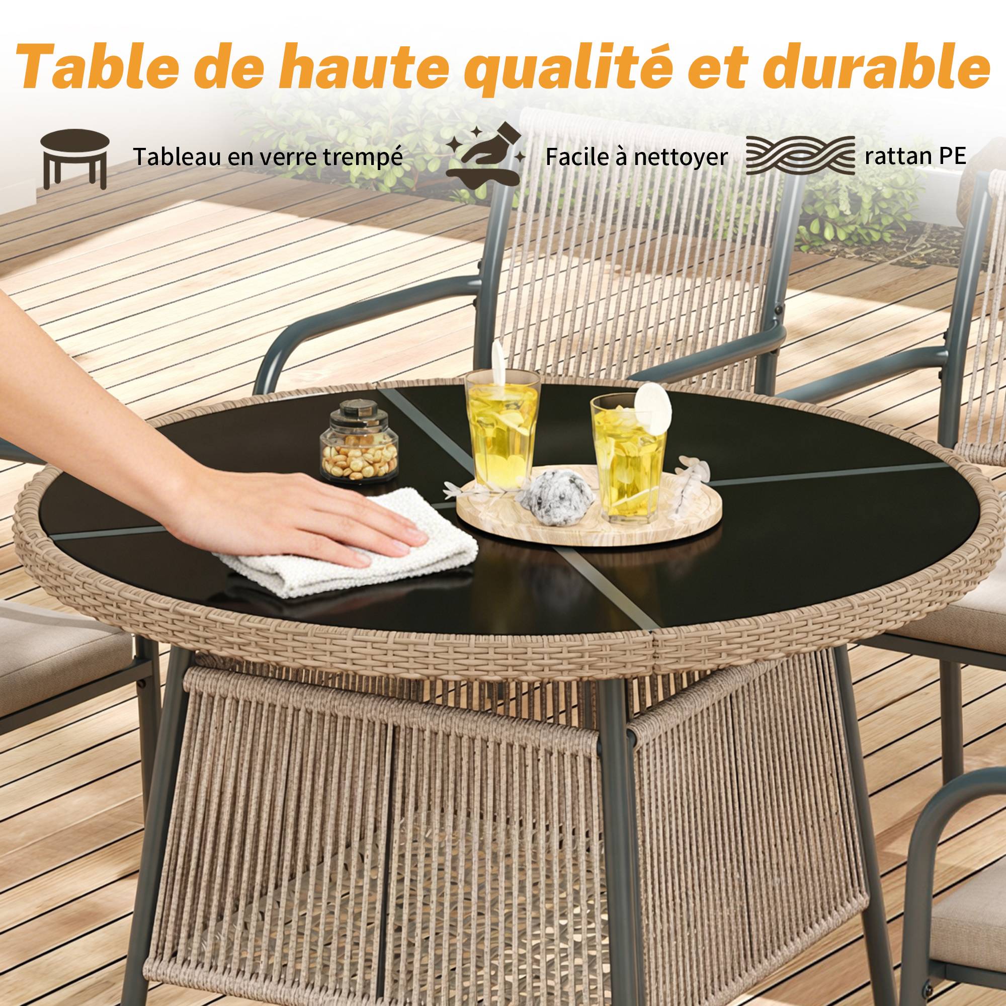 ComfortXL - Salon de jardin 4 places Acier Corde Terrasse Table Ronde Verre Trempé Gris - ComfortXL Outdoor Living - Image 5