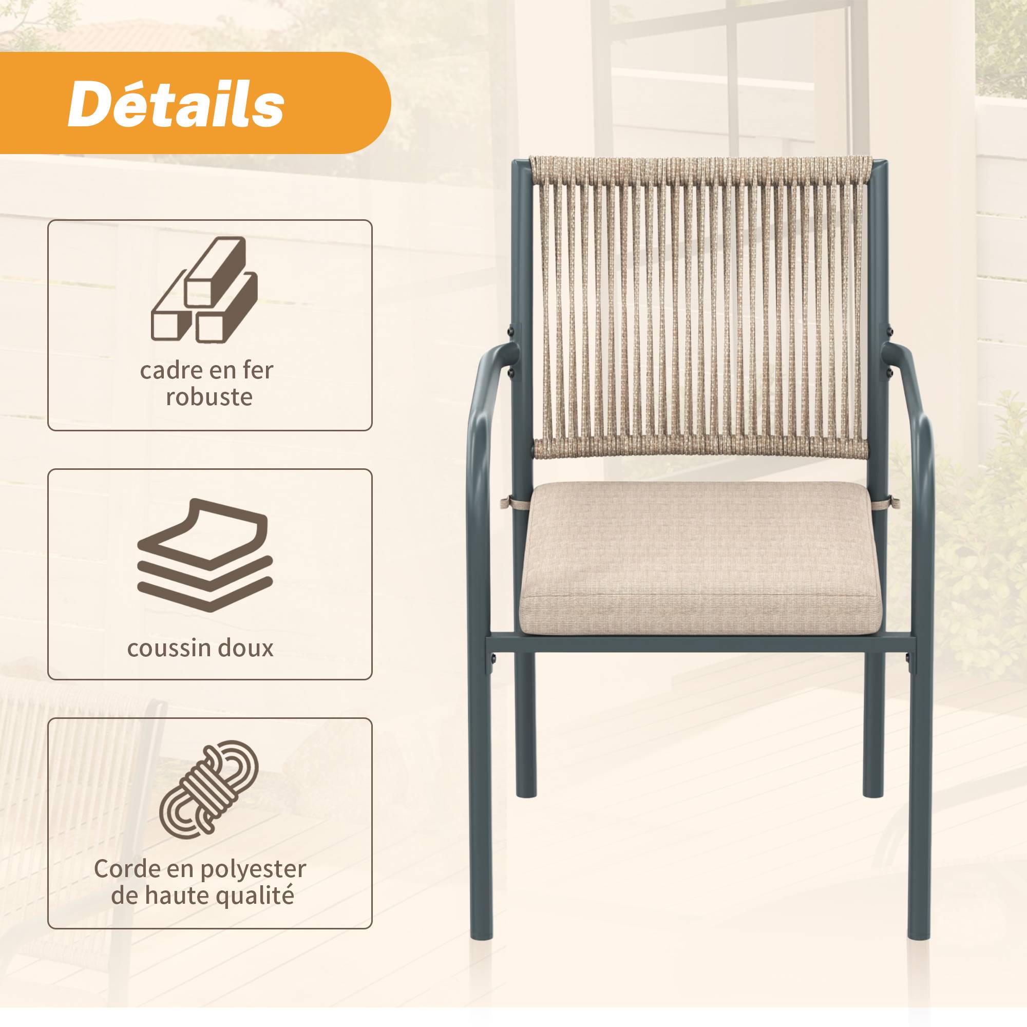ComfortXL - Salon de jardin 4 places Acier Corde Terrasse Table Ronde Verre Trempé Gris - ComfortXL Outdoor Living - Image 7
