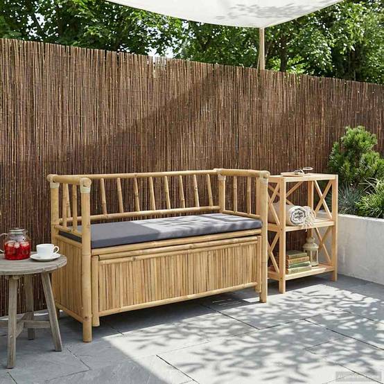 Banc coffre extérieur bambou aménagement terrasse assise 110x47cm naturel - ComfortXL Outdoor Living - Image 1