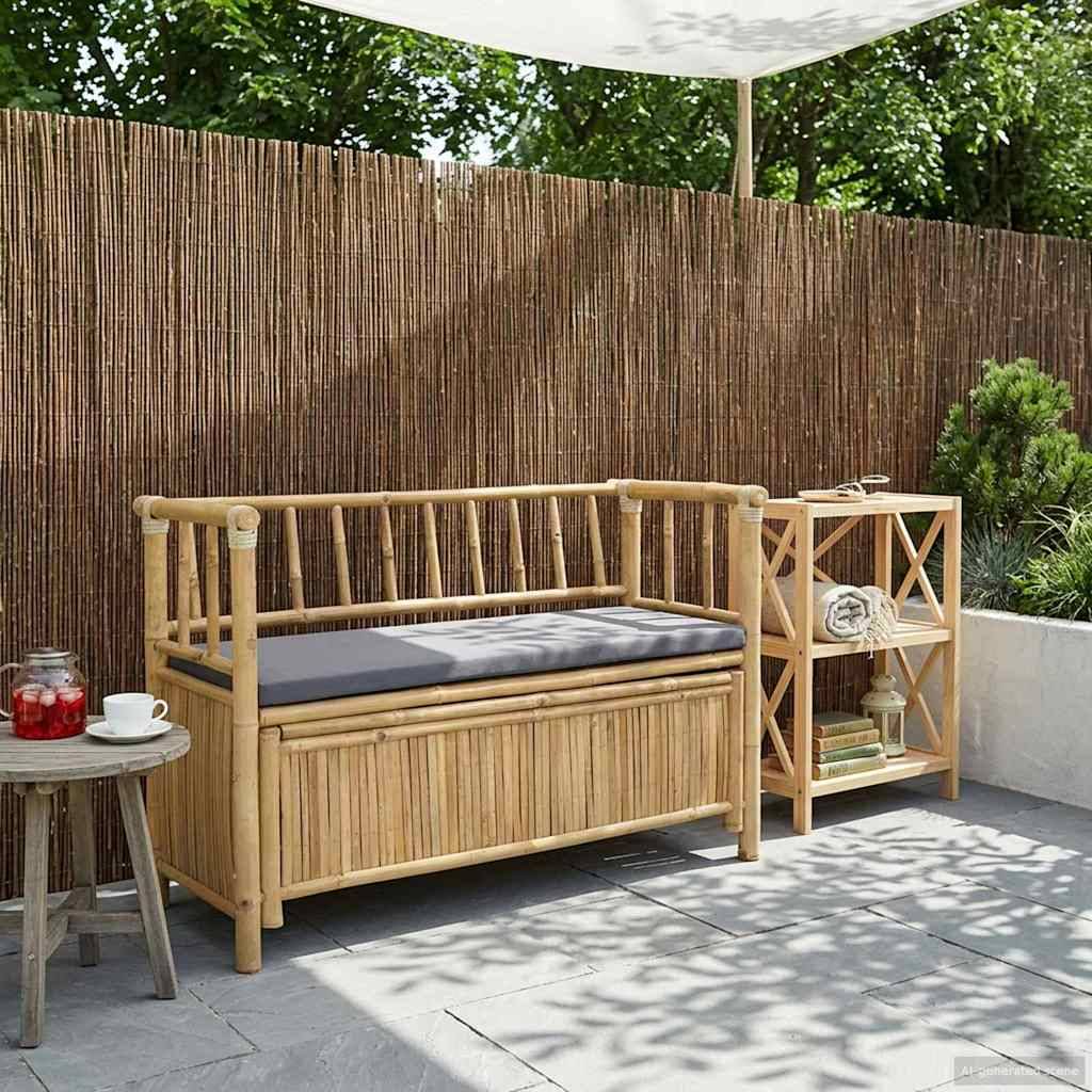 Banc coffre extérieur bambou aménagement terrasse assise 110x47cm naturel - ComfortXL Outdoor Living - Image 1
