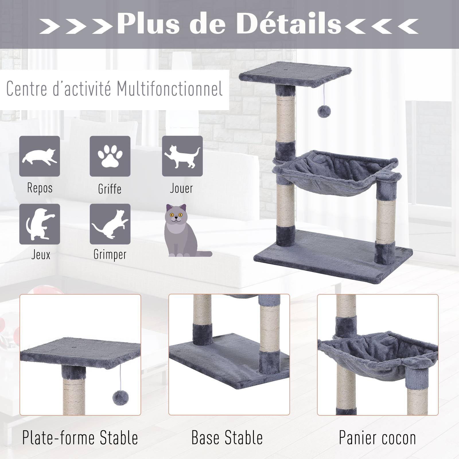 Arbre à chat sisals et peluche gris 50 x 36 x 70 cm - PANGIVO - Image 7