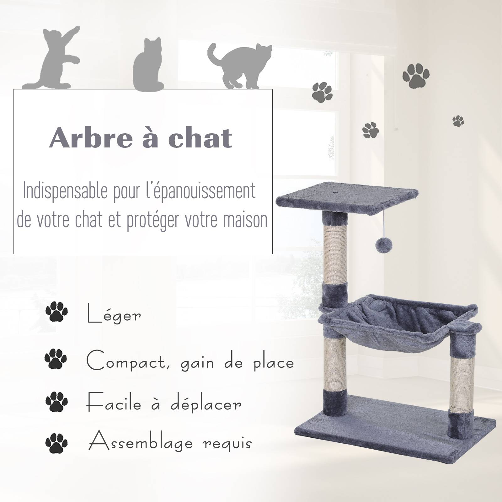 Arbre à chat sisals et peluche gris 50 x 36 x 70 cm - PANGIVO - Image 6