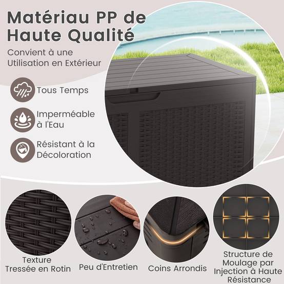 Coffre de Terrasse en Résine 380 L, Banc de Rangement Étanche d'Extérieur avec Couvercle Verrouillable et Roues pour Outils de Jardin, Marron - Image 3