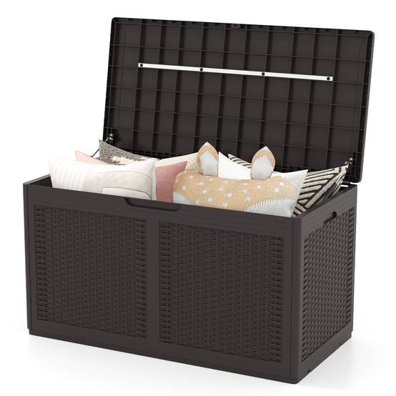 Coffre de Terrasse en Résine 380 L, Banc de Rangement Étanche d'Extérieur avec Couvercle Verrouillable et Roues pour Outils de Jardin, Marron - Image 1