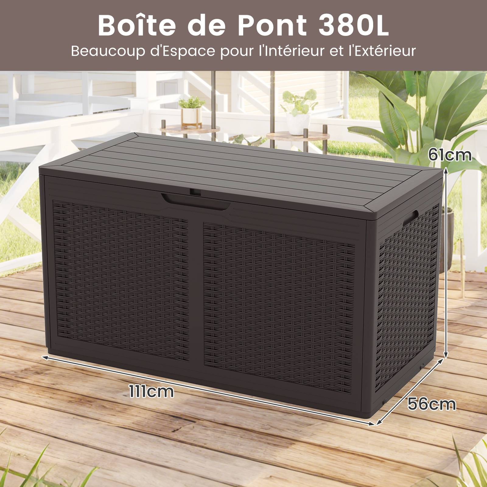 Coffre de Terrasse en Résine 380 L, Banc de Rangement Étanche d'Extérieur avec Couvercle Verrouillable et Roues pour Outils de Jardin, Marron - Image 2