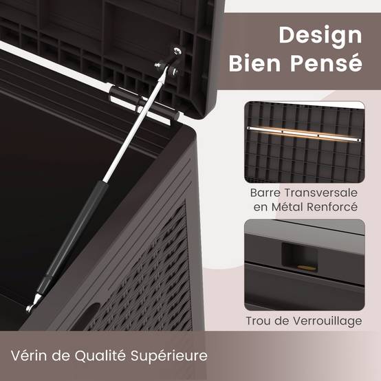 Coffre de Terrasse en Résine 380 L, Banc de Rangement Étanche d'Extérieur avec Couvercle Verrouillable et Roues pour Outils de Jardin, Marron - Image 4