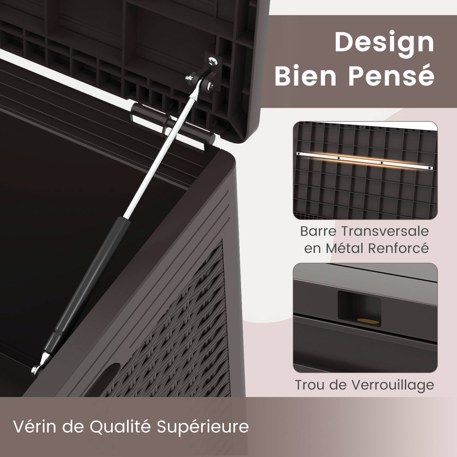 Coffre de Terrasse en Résine 380 L, Banc de Rangement Étanche d'Extérieur avec Couvercle Verrouillable et Roues pour Outils de Jardin, Marron - Image 4