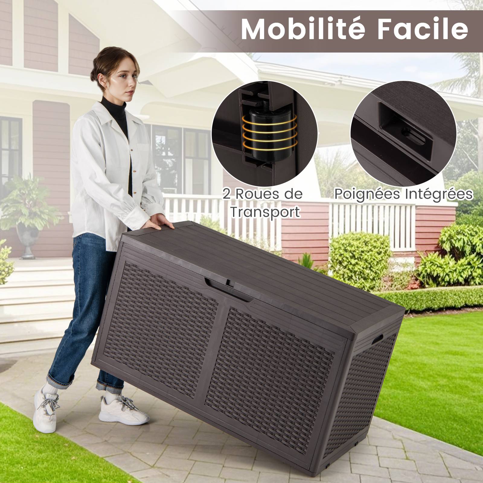 Coffre de Terrasse en Résine 380 L, Banc de Rangement Étanche d'Extérieur avec Couvercle Verrouillable et Roues pour Outils de Jardin, Marron - Image 5