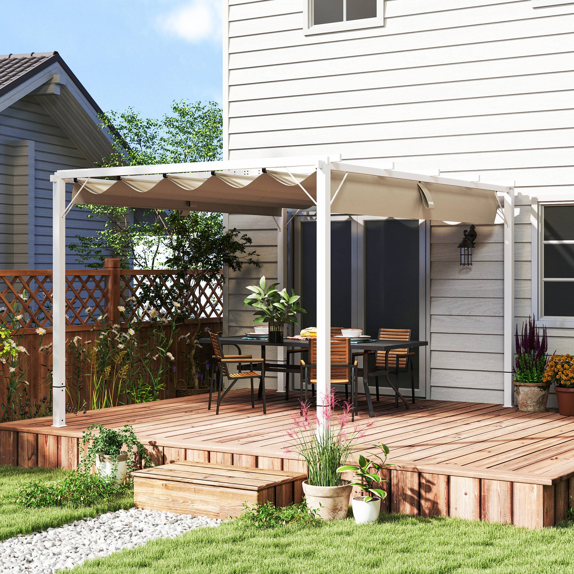 Pergola jardin extérieur en aluminium 3 x 4 m avec toit rétractable, abri soleil UPF30+, pour terrasse, patio, blanc - Image 3