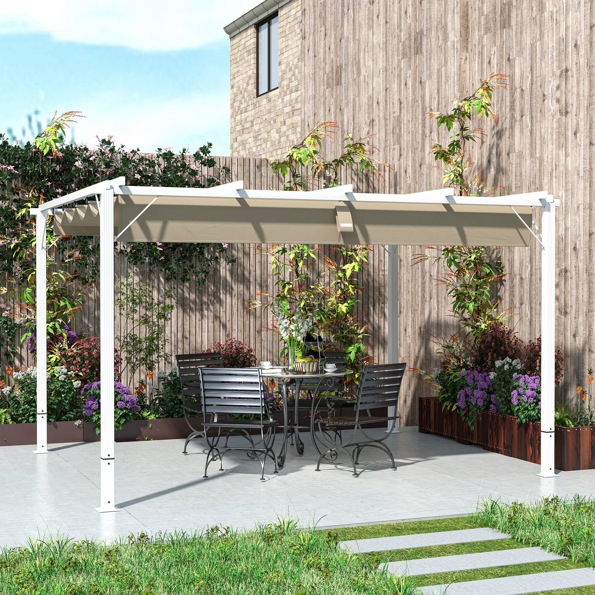 Pergola jardin extérieur en aluminium 3 x 4 m avec toit rétractable, abri soleil UPF30+, pour terrasse, patio, blanc - Image 10