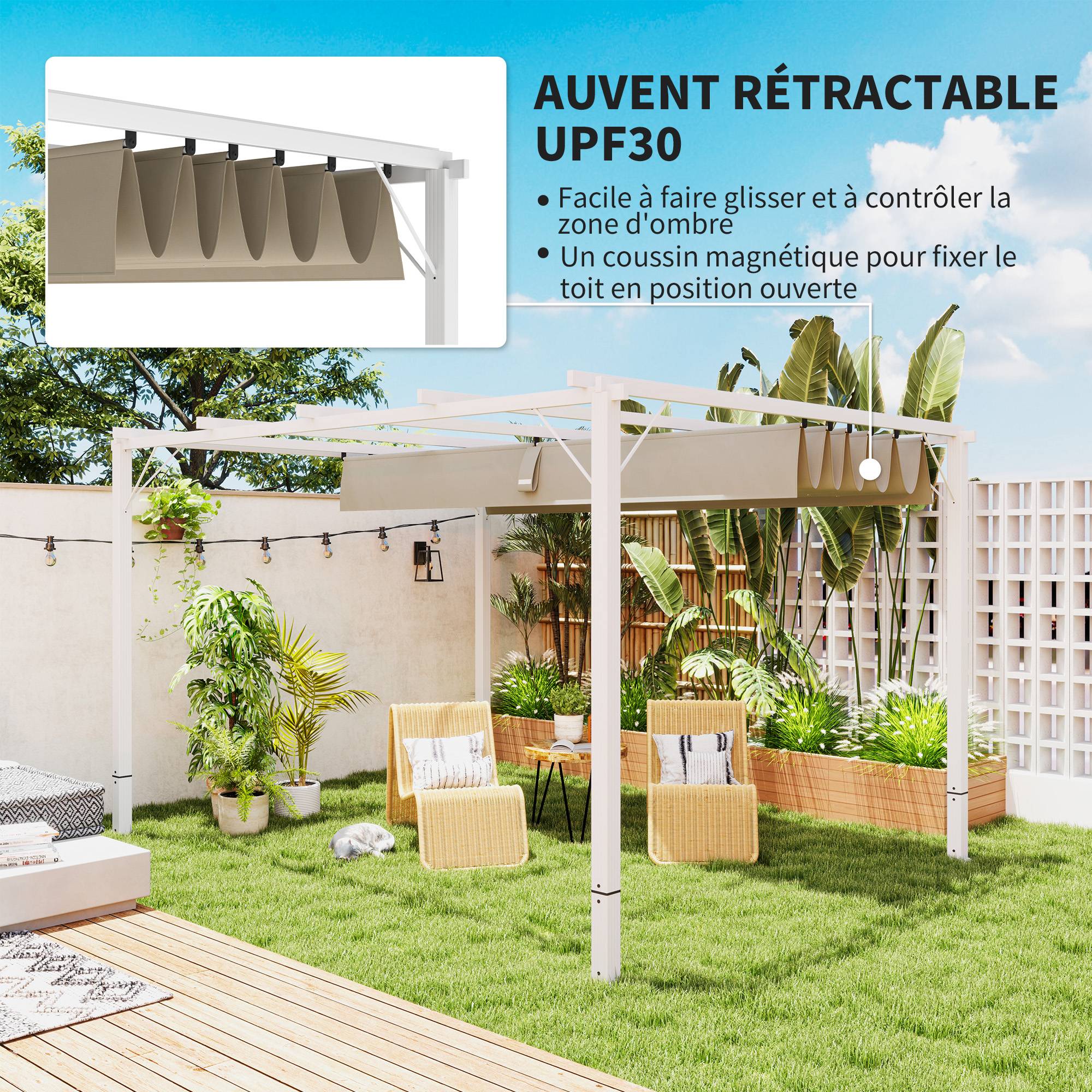 Pergola jardin extérieur en aluminium 3 x 4 m avec toit rétractable, abri soleil UPF30+, pour terrasse, patio, blanc - Image 6