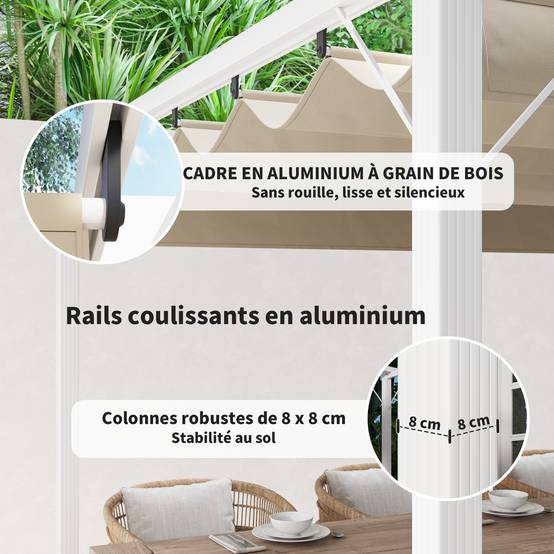 Pergola jardin extérieur en aluminium 3 x 4 m avec toit rétractable, abri soleil UPF30+, pour terrasse, patio, blanc - Image 7