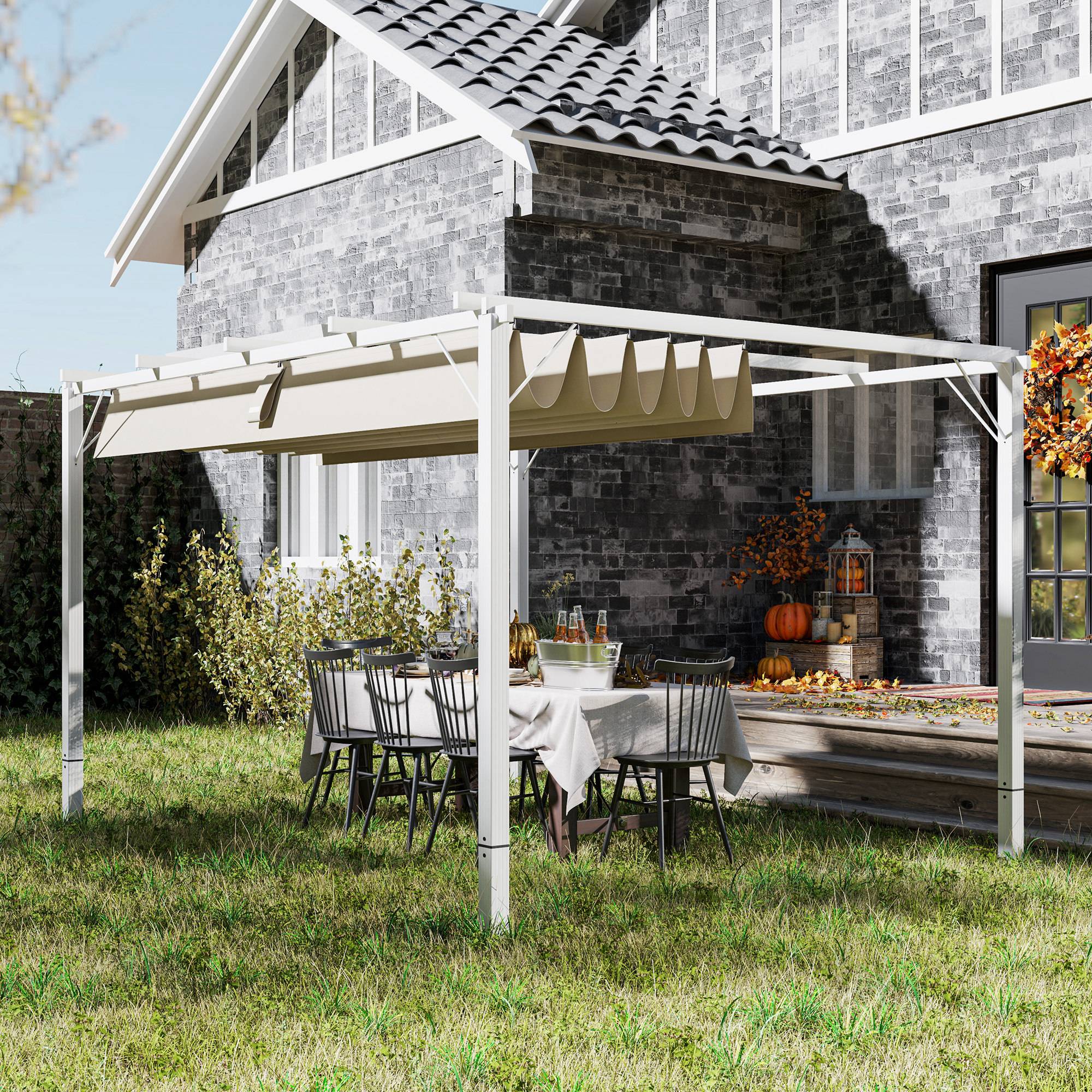 Pergola jardin extérieur en aluminium 3 x 4 m avec toit rétractable, abri soleil UPF30+, pour terrasse, patio, blanc - Image 4