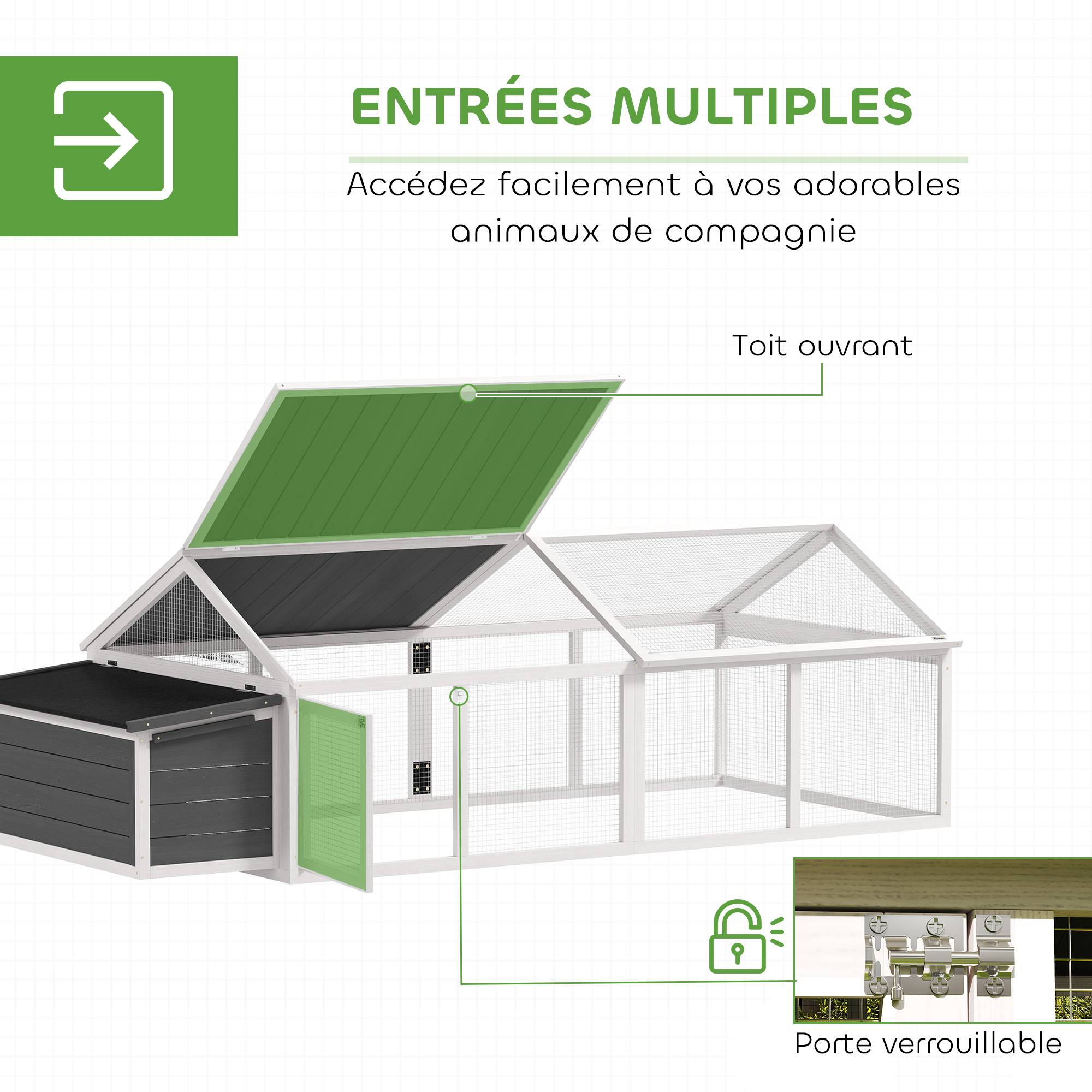 Sans Marque - Poulailler pour poules cage à poule avec nichoir porte et toit ouvrable pour 4 et 8 poules 240 x 112,5 x 76 cm blanc - Image 7