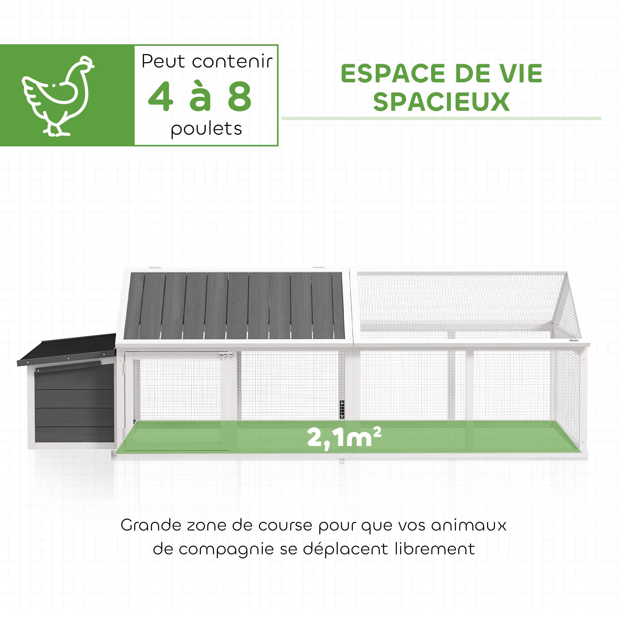 Sans Marque - Poulailler pour poules cage à poule avec nichoir porte et toit ouvrable pour 4 et 8 poules 240 x 112,5 x 76 cm blanc - Image 6