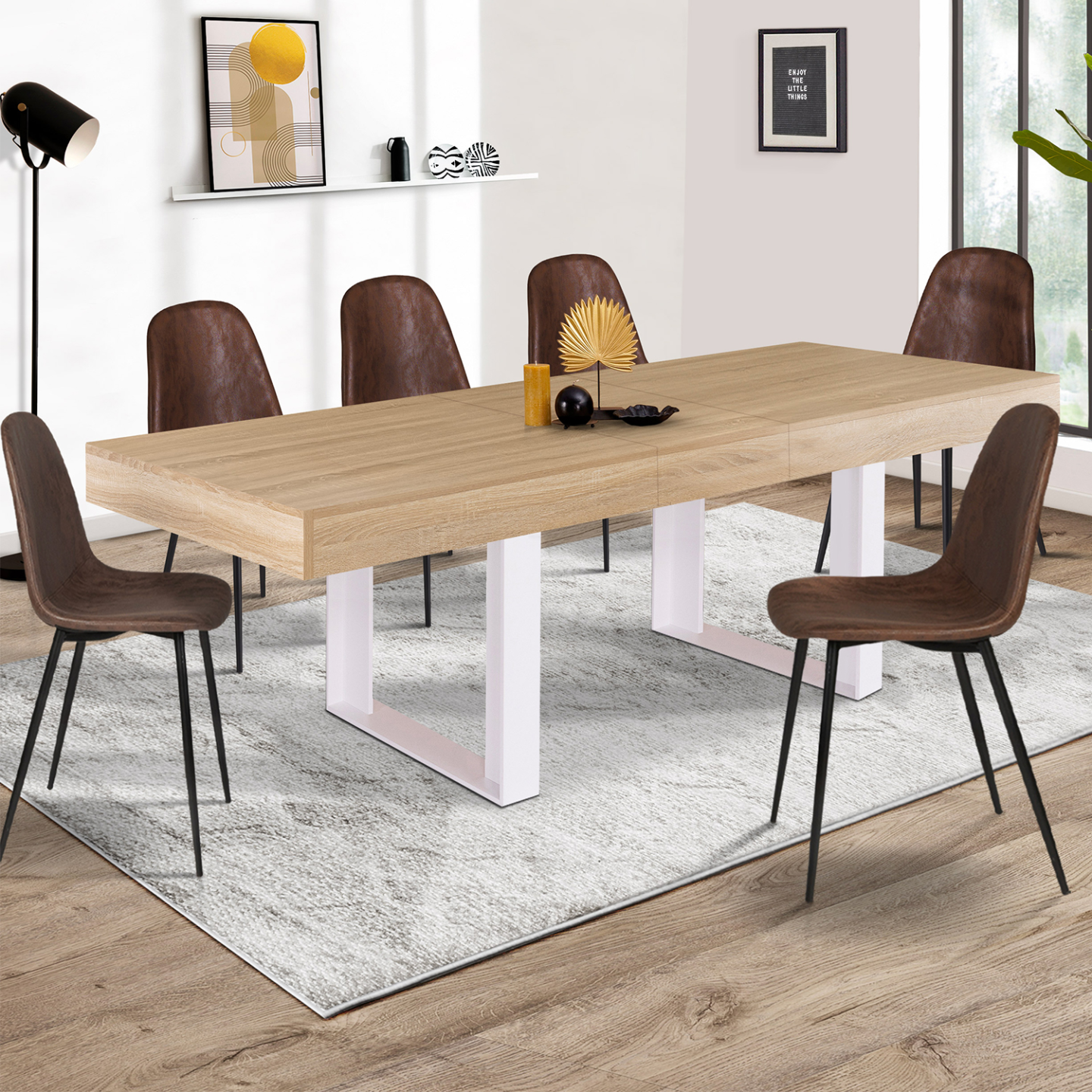 Table à manger extensible rectangle PHOENIX 4-8 personnes bois et blanc 160-200 cm - Image 1