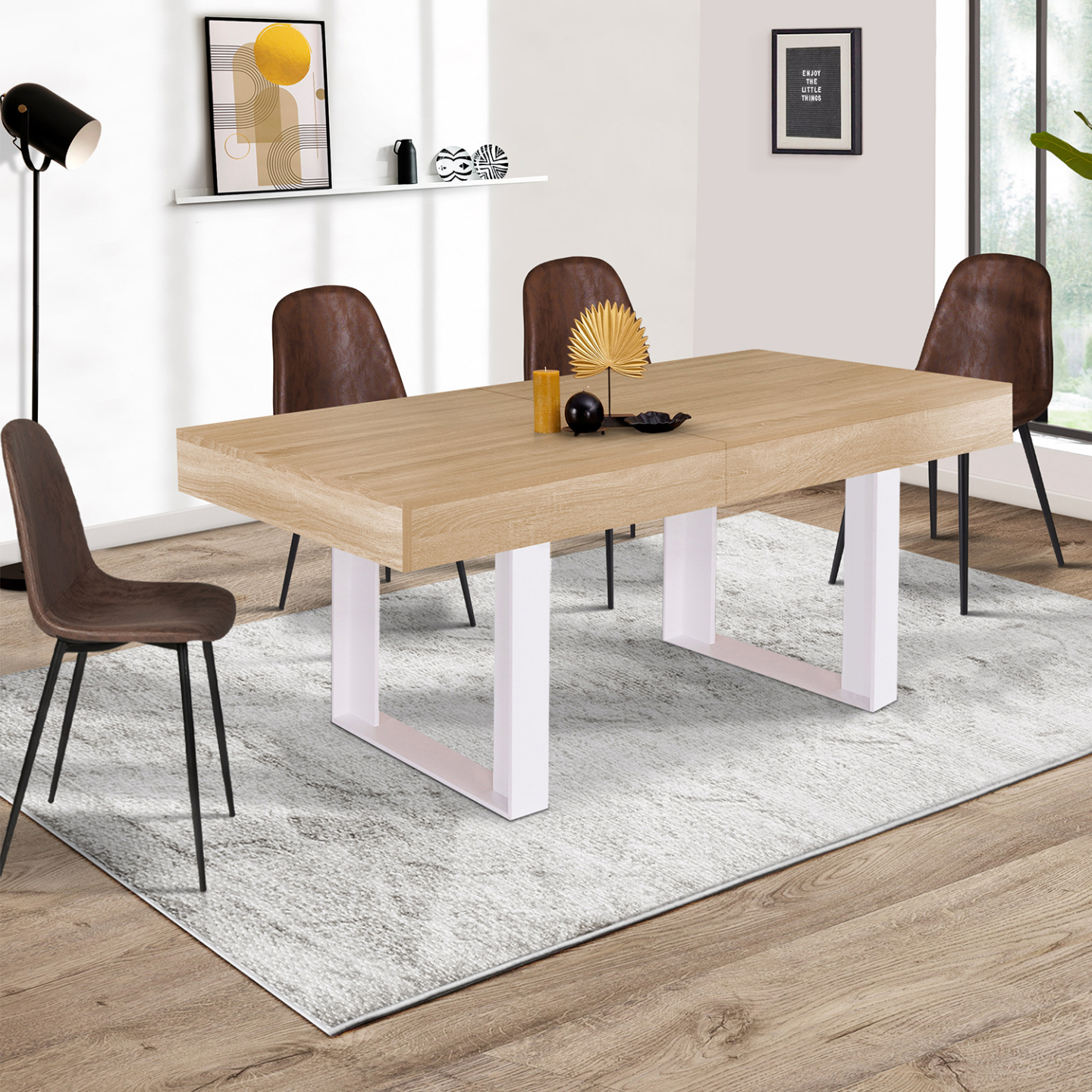 Table à manger extensible rectangle PHOENIX 4-8 personnes bois et blanc 160-200 cm - Image 4