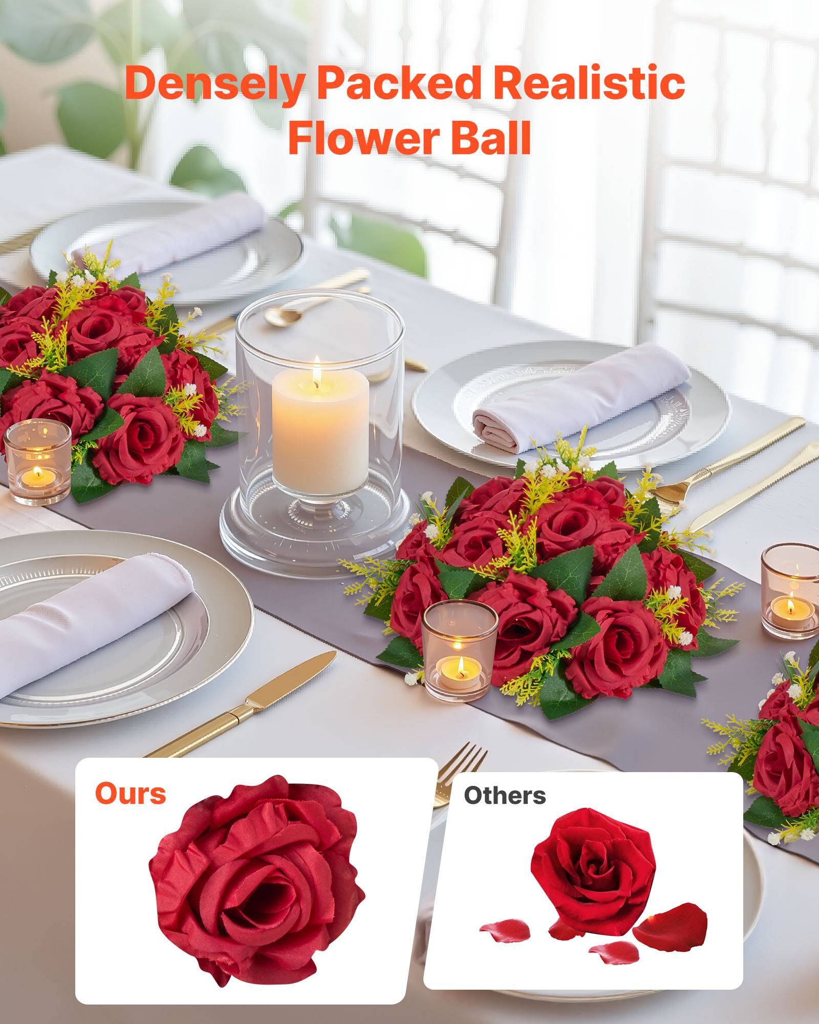 VEVOR Boules de Fleurs Artificielles Centres de Table Lot de 10 24 cm Rose Rouge - Image 2