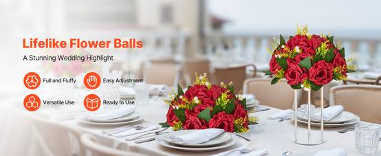 VEVOR Boules de Fleurs Artificielles Centres de Table Lot de 10 24 cm Rose Rouge - Image 9