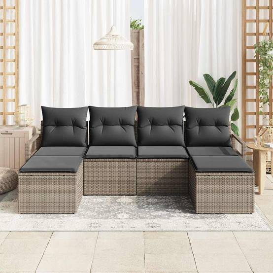 Set Canapés Relax 6 Pièces Polyrotin Gris avec 2 Poufs et Rangements Pratiques – ComfortXL Outdoor Living - Image 3