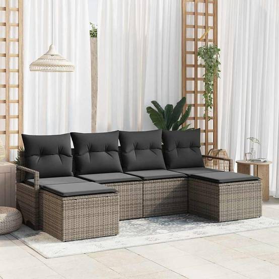Set Canapés Relax 6 Pièces Polyrotin Gris avec 2 Poufs et Rangements Pratiques – ComfortXL Outdoor Living - Image 1