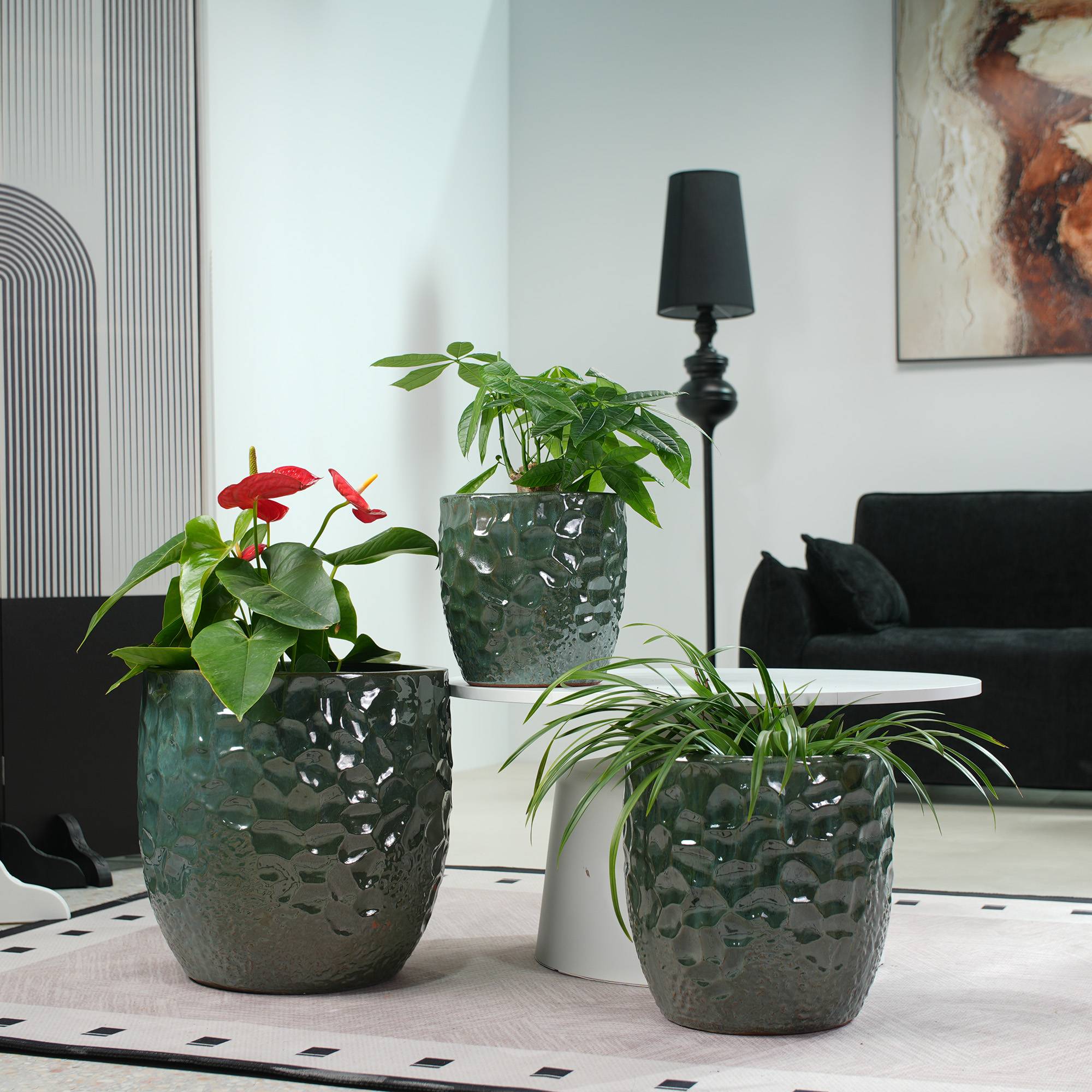ComfortXL - Grand pot de fleurs en céramique Ø38 cm vert foncé pour intérieur et jardin avec drainage et finition martelée