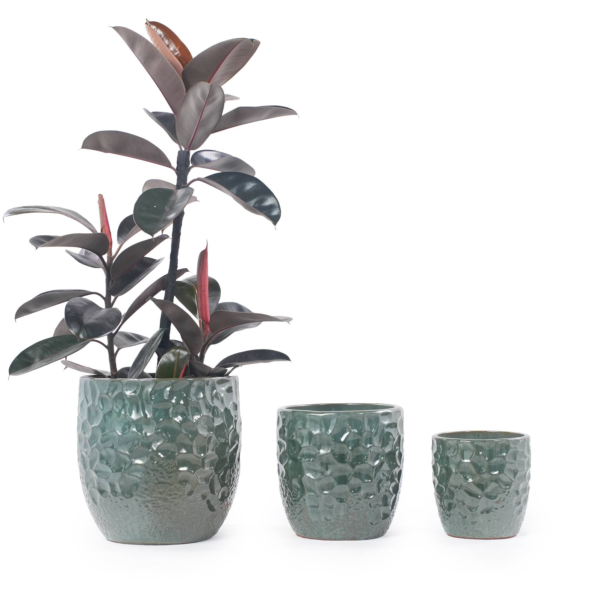 ComfortXL - Grand pot de fleurs en céramique Ø38 cm vert foncé pour intérieur et jardin avec drainage et finition martelée - Image 2