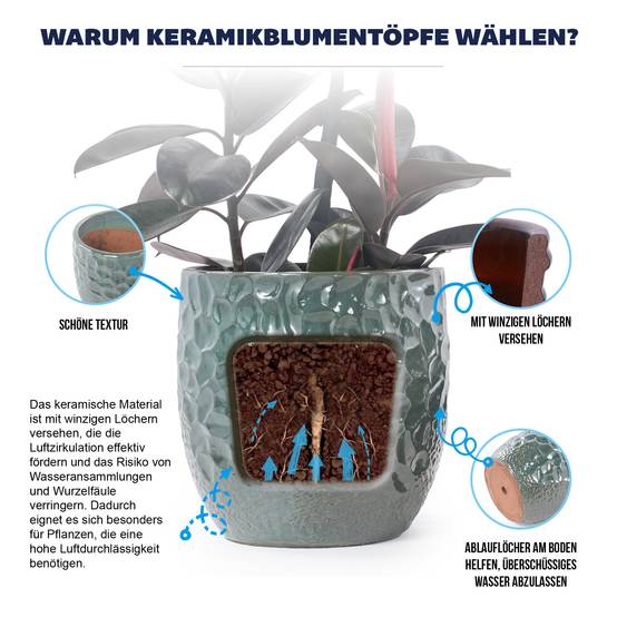 ComfortXL - Grand pot de fleurs en céramique Ø38 cm vert foncé pour intérieur et jardin avec drainage et finition martelée - Image 8
