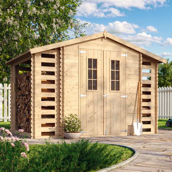 Timbela - Abri de jardin en bois et range bûches extérieur I206xL328xH218 cm / 3,53+0,97+0,97 m² avec sol traité - 19 mm d’épaisseur - Timbela M391C+M391G - Image 1