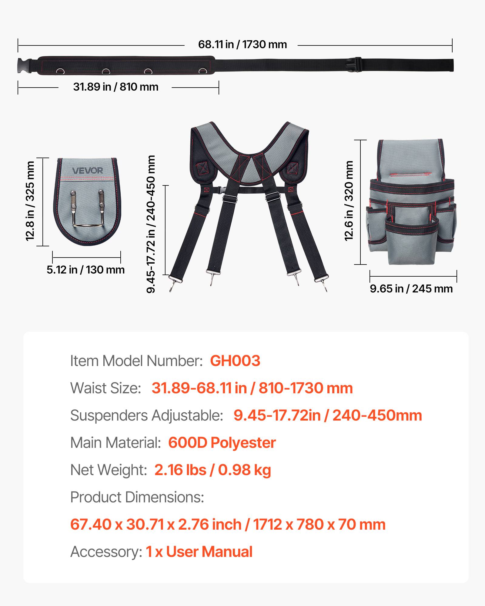 Vevor - VEVOR Ceinture porte-outils 22 poches avec bretelles, taille ajustable 81-173 cm, polyester 600D résistant, pour charpentier électricien chantier. - Image 6