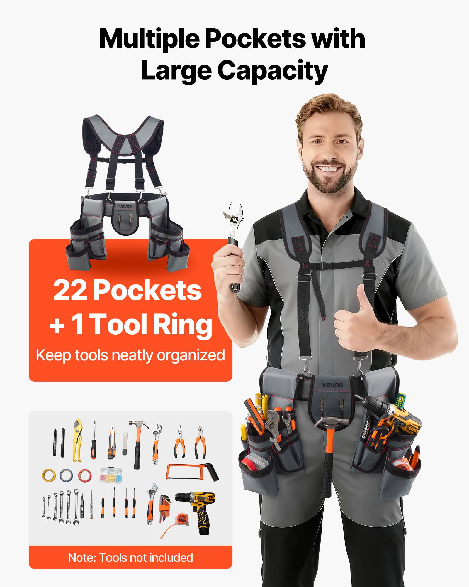 Vevor - VEVOR Ceinture porte-outils 22 poches avec bretelles, taille ajustable 81-173 cm, polyester 600D résistant, pour charpentier électricien chantier. - Image 2