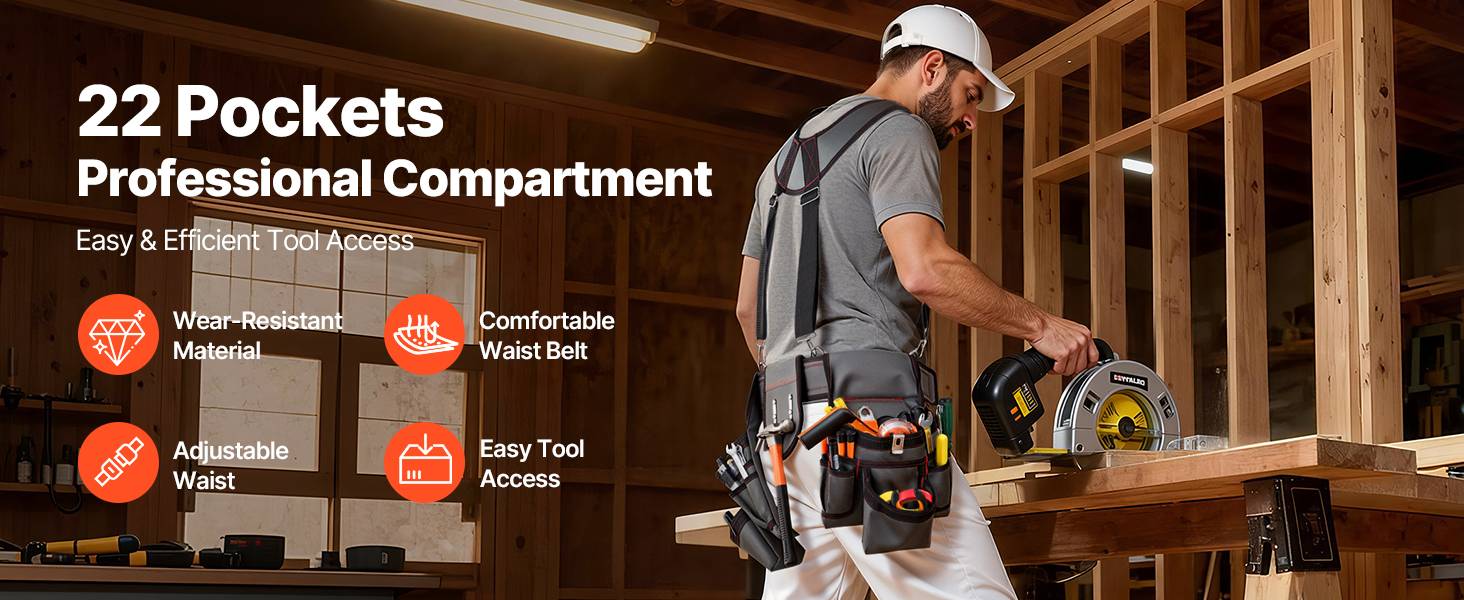 Vevor - VEVOR Ceinture porte-outils 22 poches avec bretelles, taille ajustable 81-173 cm, polyester 600D résistant, pour charpentier électricien chantier. - Image 9