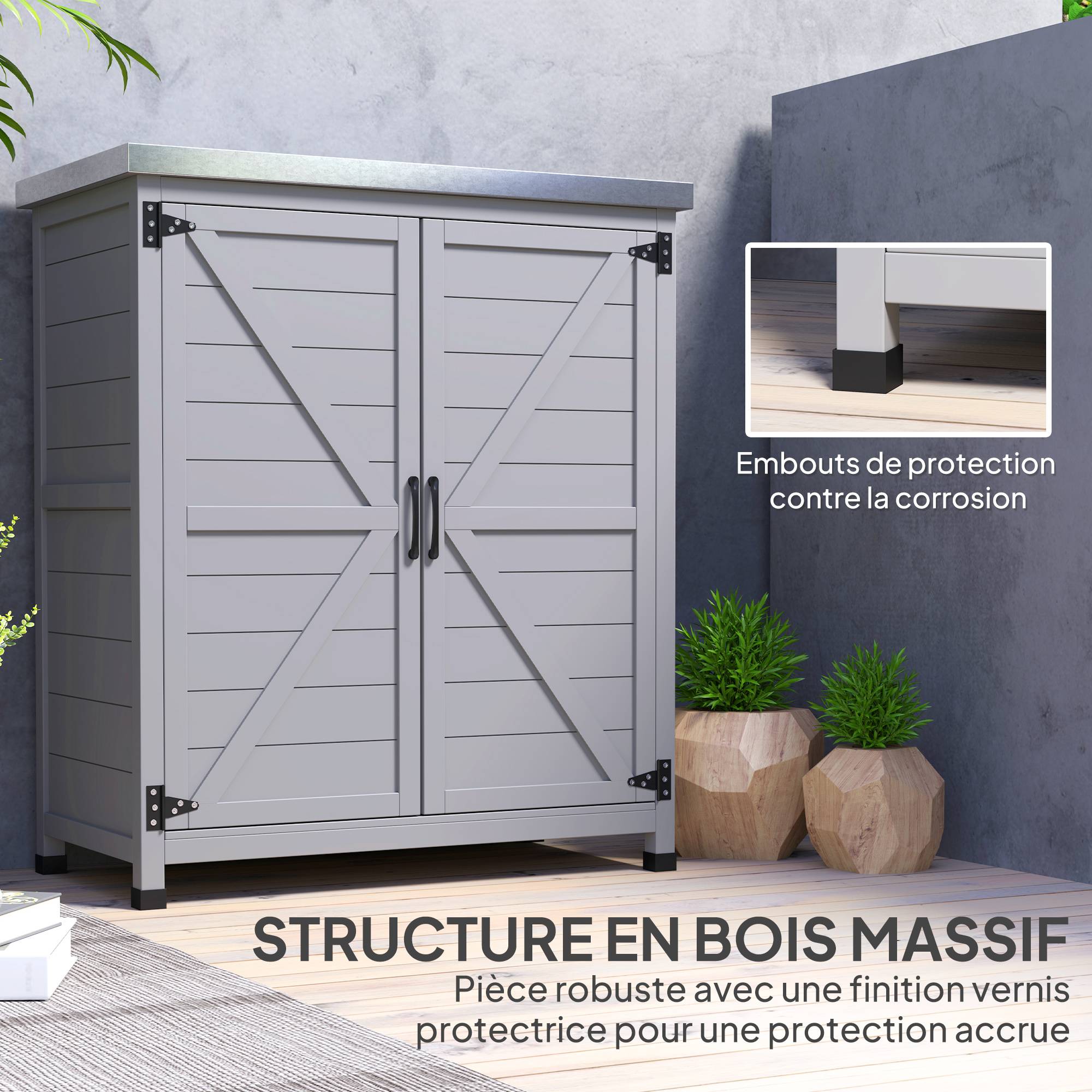 Armoire de jardin bois extérieur plan travail acier galvanisé 79x43x92cm gris - ComfortXL Outdoor Living - Image 9