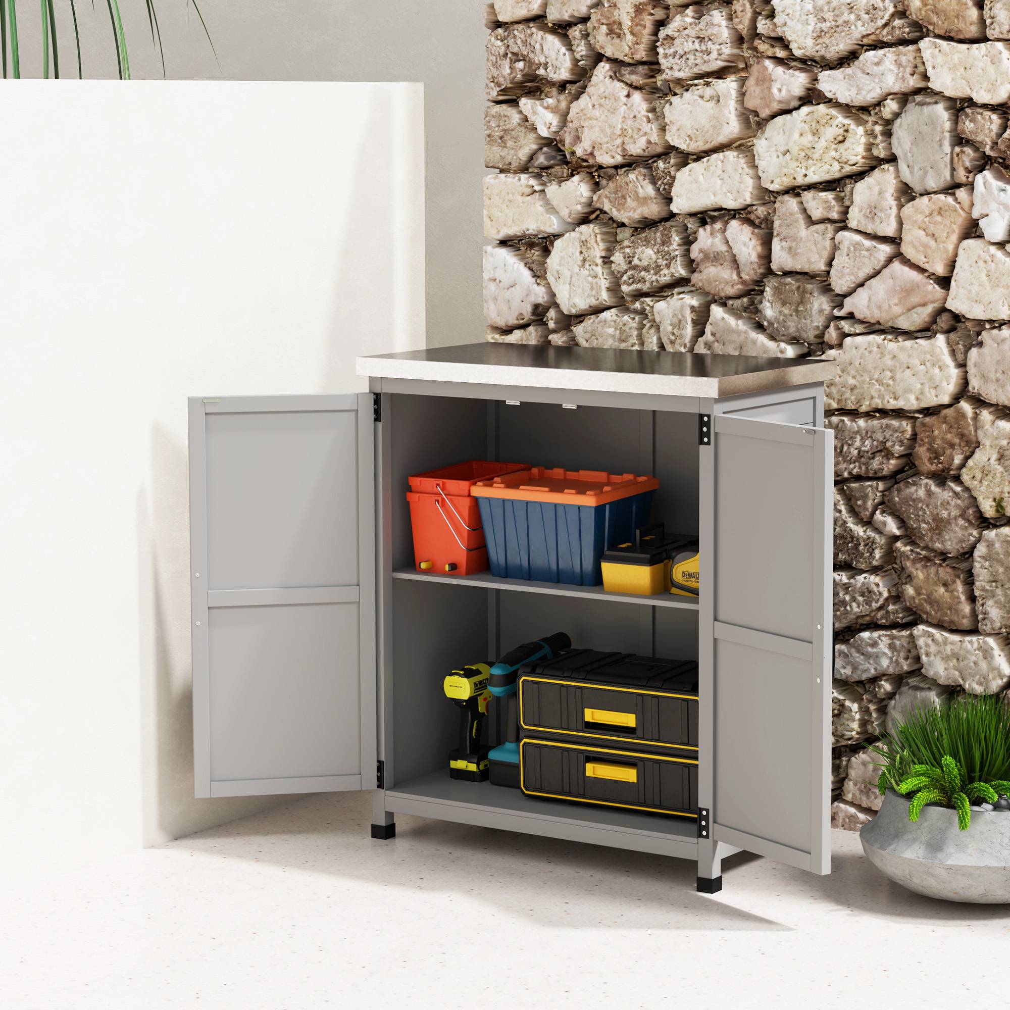 Armoire de jardin bois extérieur plan travail acier galvanisé 79x43x92cm gris - ComfortXL Outdoor Living - Image 10