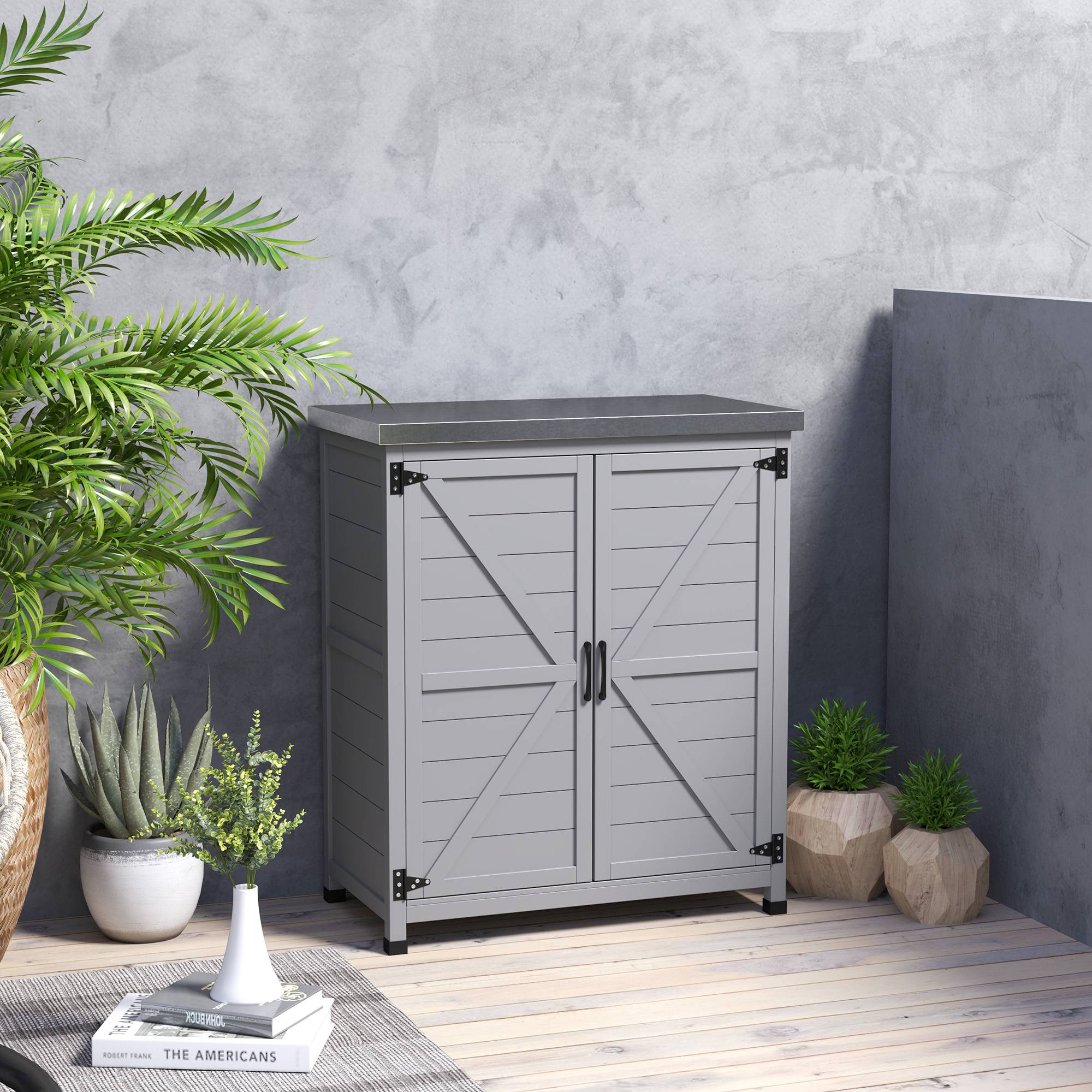 Armoire de jardin bois extérieur plan travail acier galvanisé 79x43x92cm gris - ComfortXL Outdoor Living - Image 4
