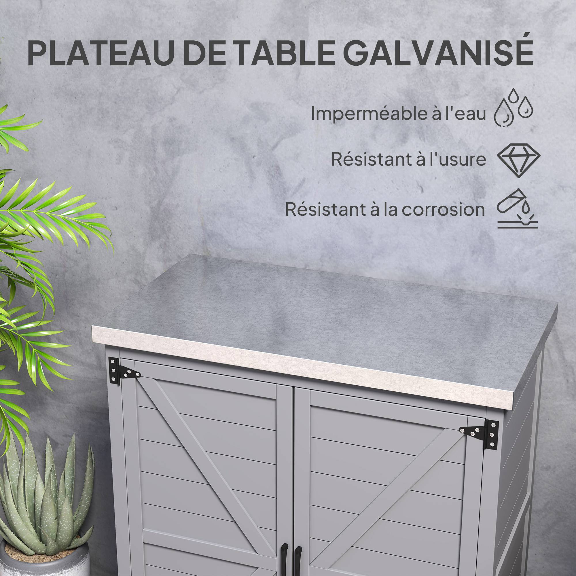 Armoire de jardin bois extérieur plan travail acier galvanisé 79x43x92cm gris - ComfortXL Outdoor Living - Image 7