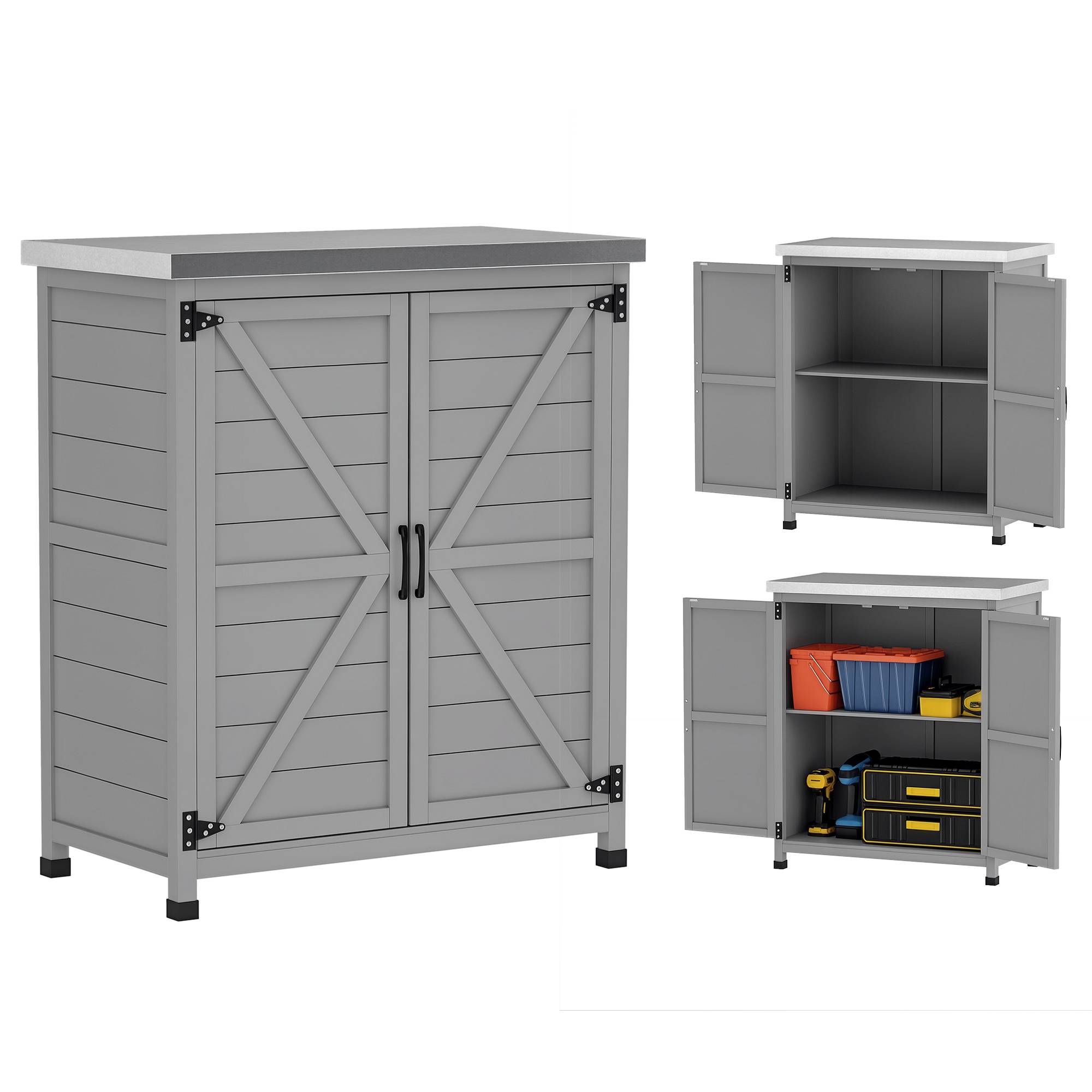 Armoire de jardin bois extérieur plan travail acier galvanisé 79x43x92cm gris - ComfortXL Outdoor Living - Image 1