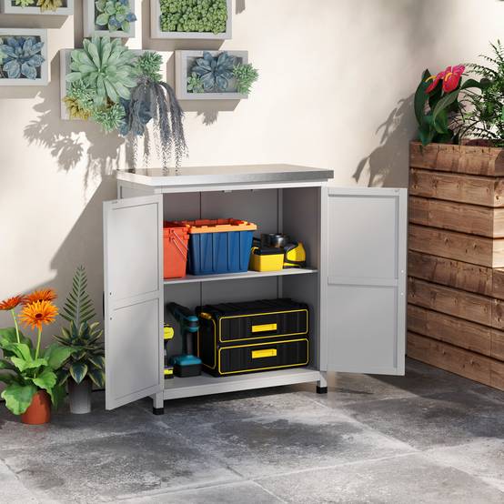 Armoire de jardin bois extérieur plan travail acier galvanisé 79x43x92cm gris - ComfortXL Outdoor Living - Image 3