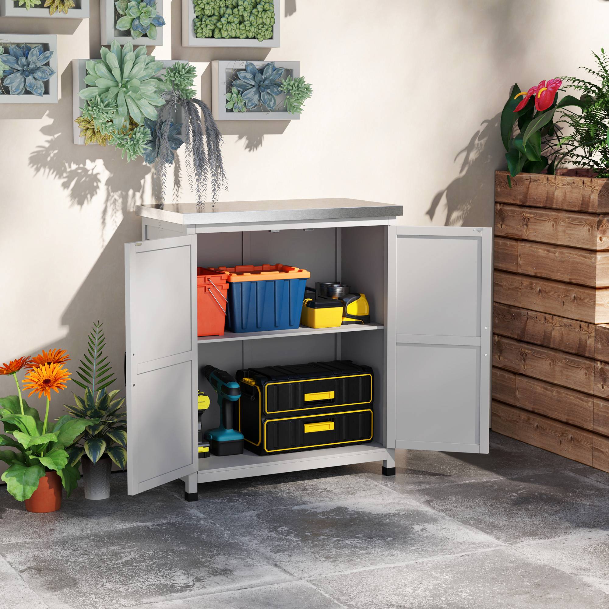 Armoire de jardin bois extérieur plan travail acier galvanisé 79x43x92cm gris - ComfortXL Outdoor Living - Image 3