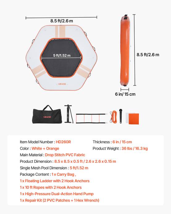 Vevor - VEVOR Quai Flottant Gonflable Plateforme de Quai 2,6x2,6x0,15 m Orange avec Sac - Image 7