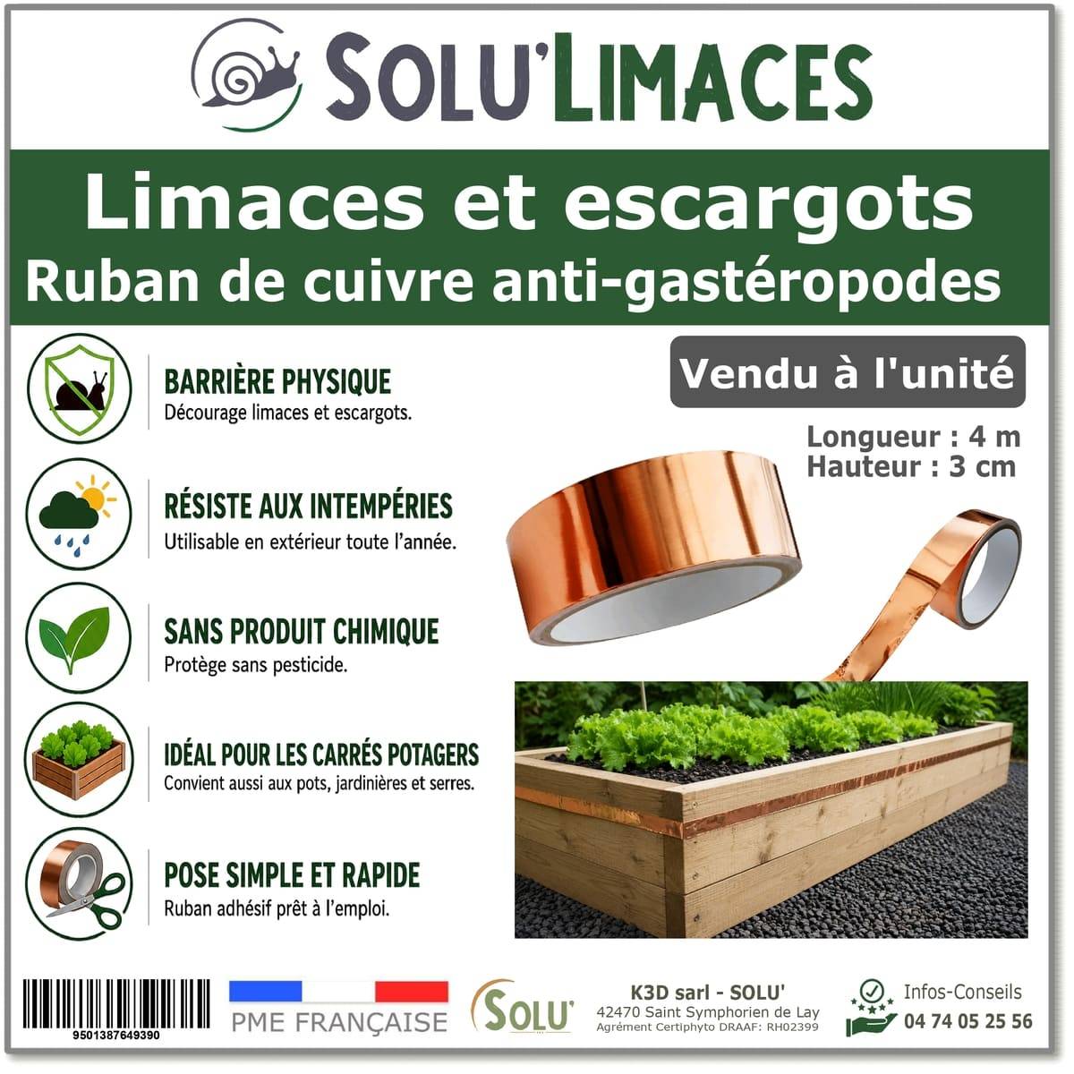 Tout pour les nuisibles - Ruban de Cuivre Anti-Limaces et Escargots SOLU'LIMACES – Barrière Physique Adhésive pour Potager, Jardinières, Pots et Bacs de Culture - Image 1