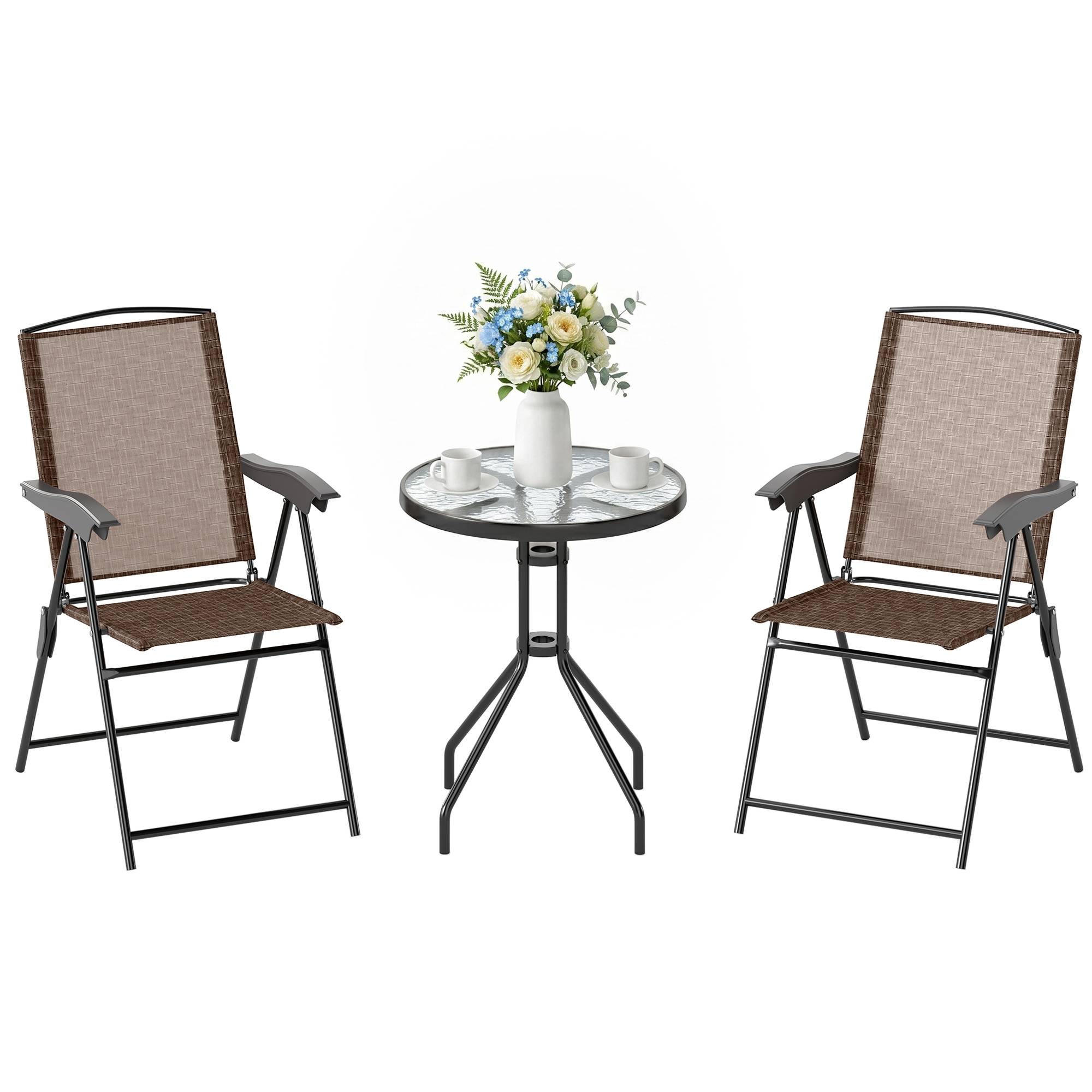 Petite table avec 2 chaises, ensemble 3 pcs pliant réglable extérieur textilene marron - Image 1
