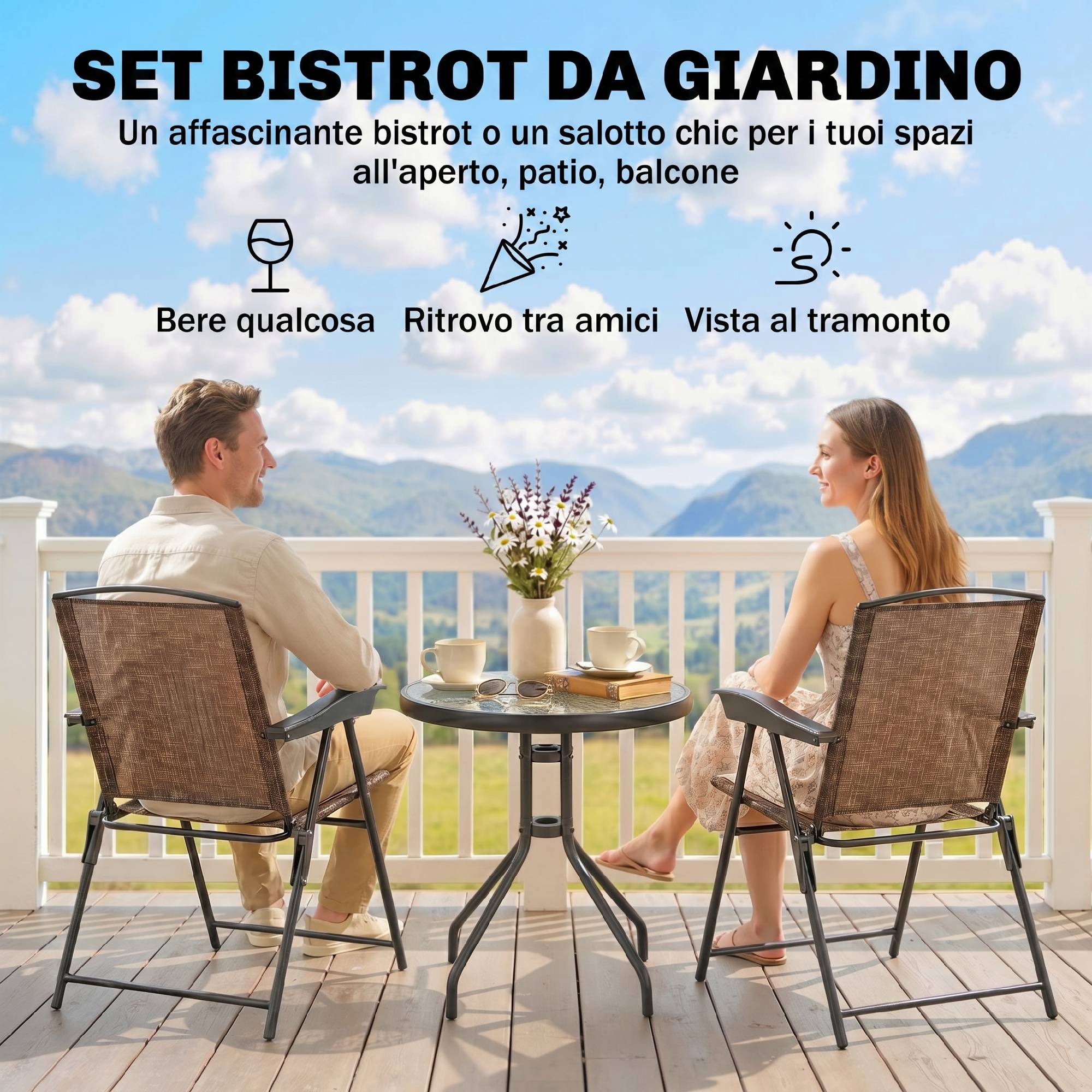 Petite table avec 2 chaises, ensemble 3 pcs pliant réglable extérieur textilene marron - Image 6