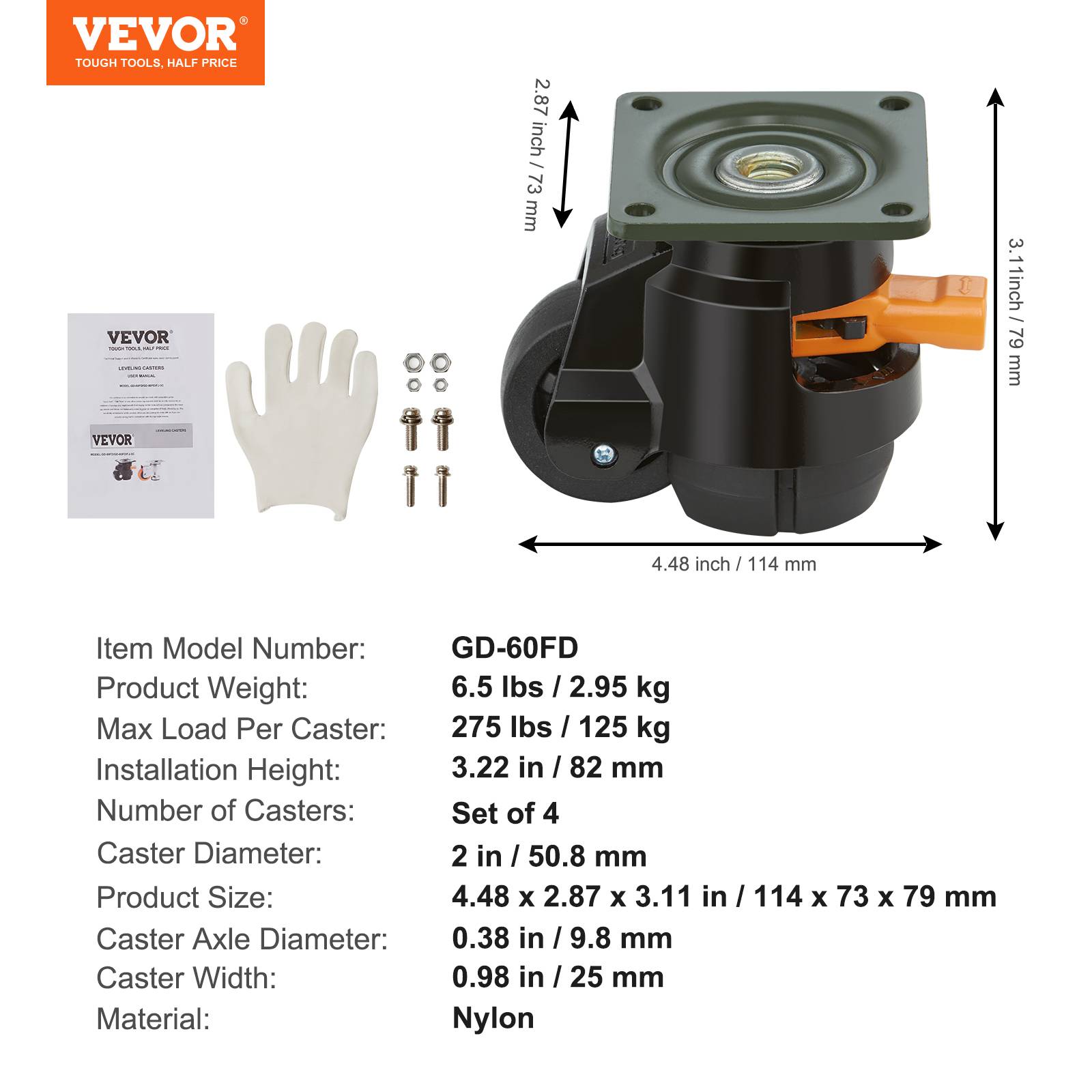 VEVOR Roulettes Pivotantes Lot de 4, Capacité Totale 500 kg, Ø50,8 mm, avec Pieds Réglables. - Image 7