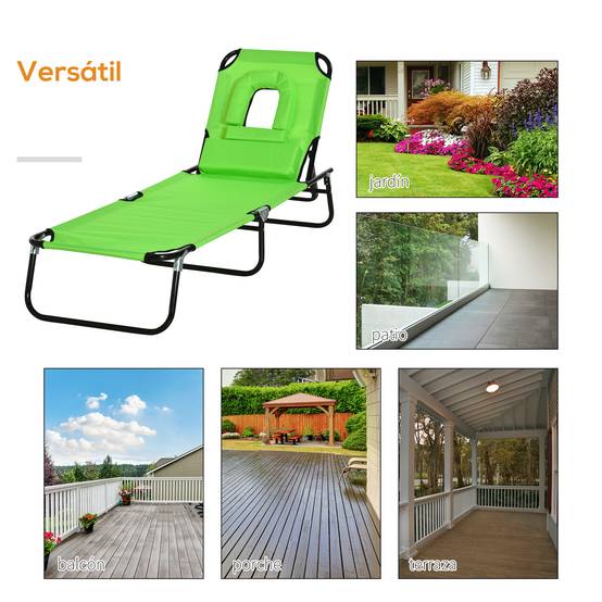 Transat Pliant de Jardin Vert 190x56x28cm - Bain de Soleil réglable 4 Positions avec Oreiller pour Plage Camping Terrasse - Image 9