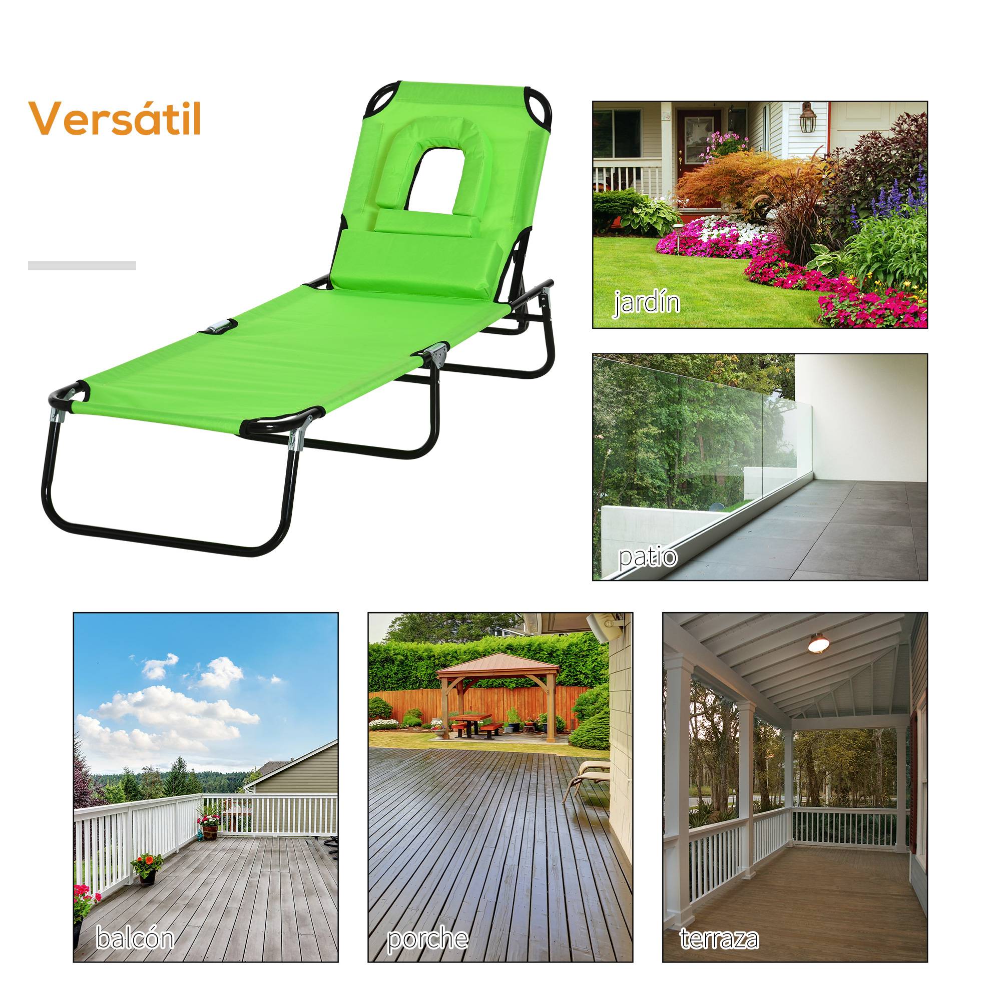 Transat Pliant de Jardin Vert 190x56x28cm - Bain de Soleil réglable 4 Positions avec Oreiller pour Plage Camping Terrasse - Image 9