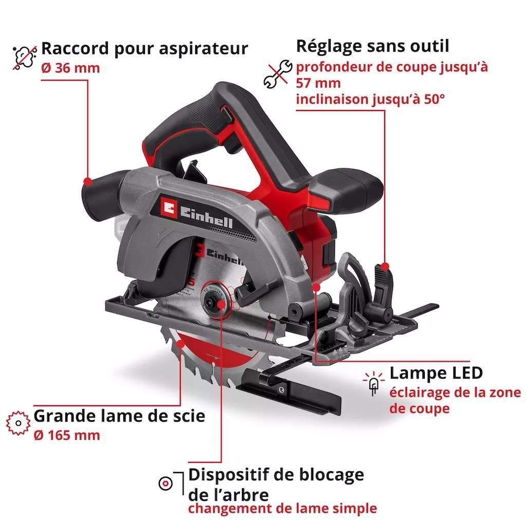 Einhell - Scie circulaire portative sans fil – TE-CS 18/165-2 Li – Ø 165 mm – 18 V – Profondeur 57 mm – Angle réglable – LED – Raccord aspirateur Einhell - Image 4