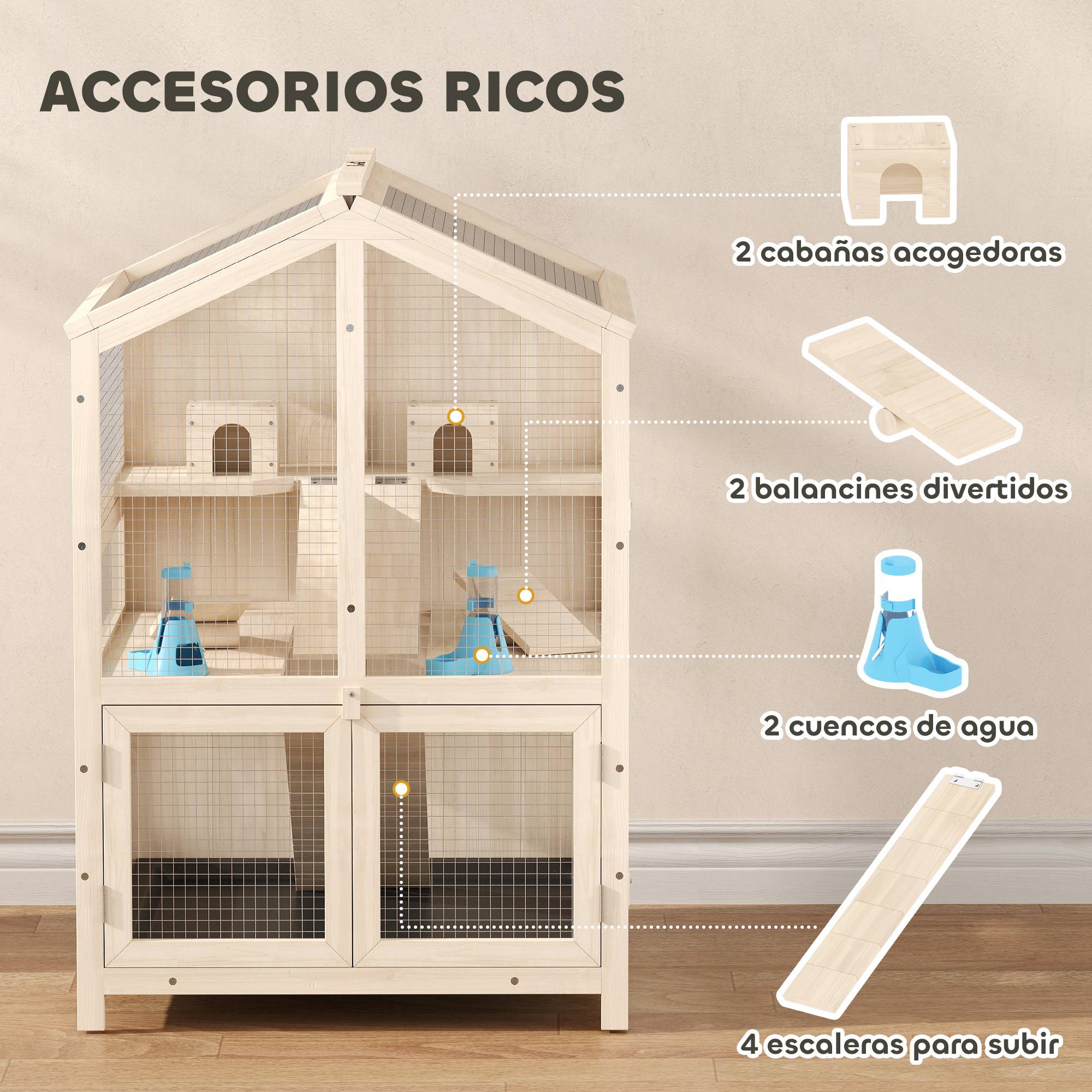 Cage en bois à 3 niveaux pour hamster, avec biberons, maisons, jouets à bascule, plateau amovible et couvercles à charnières - Naturel - Image 7