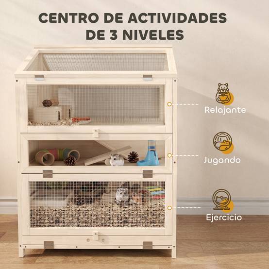 Cage en bois à 3 niveaux pour hamster, avec biberons, maisons, jouets à bascule, plateau amovible et couvercles à charnières - Naturel - Image 6